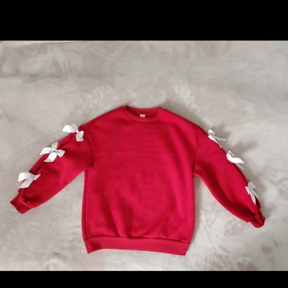 Red Sweatshirt with White Bow Accents